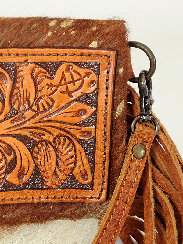 ADBG526 American Darling Hand Tooled Floral Leather & Hair-On Cowhide Western Crossbody Bag with Fringes