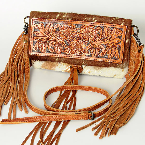 ADBG526 American Darling Hand Tooled Floral Leather & Hair-On Cowhide Western Crossbody Bag with Fringes