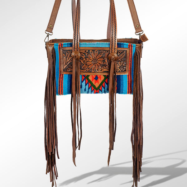 ADBG534 American Darling Hand Tooled Floral Leather & Woven Saddle Blanket Western Tote Bag