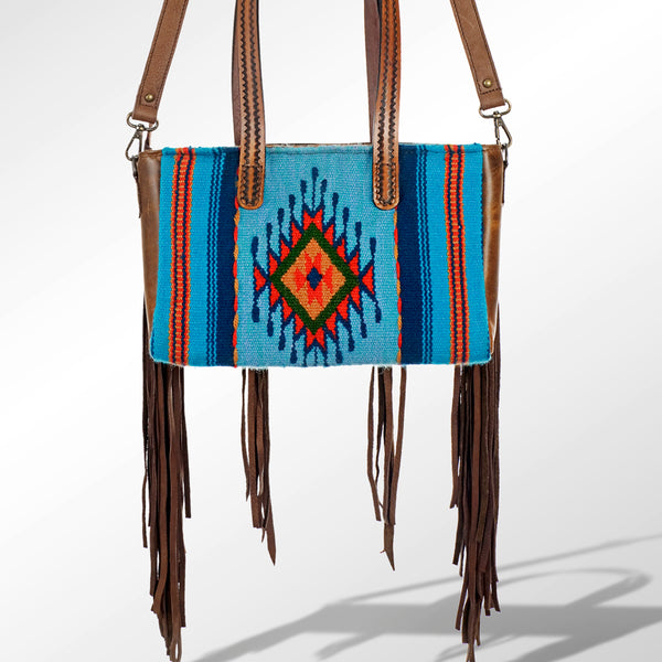 ADBG534 American Darling Hand Tooled Floral Leather & Woven Saddle Blanket Western Tote Bag