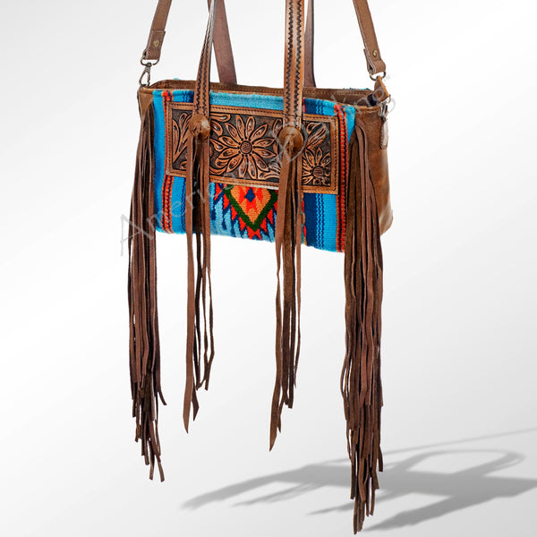 ADBG534 American Darling Hand Tooled Floral Leather & Woven Saddle Blanket Western Tote Bag
