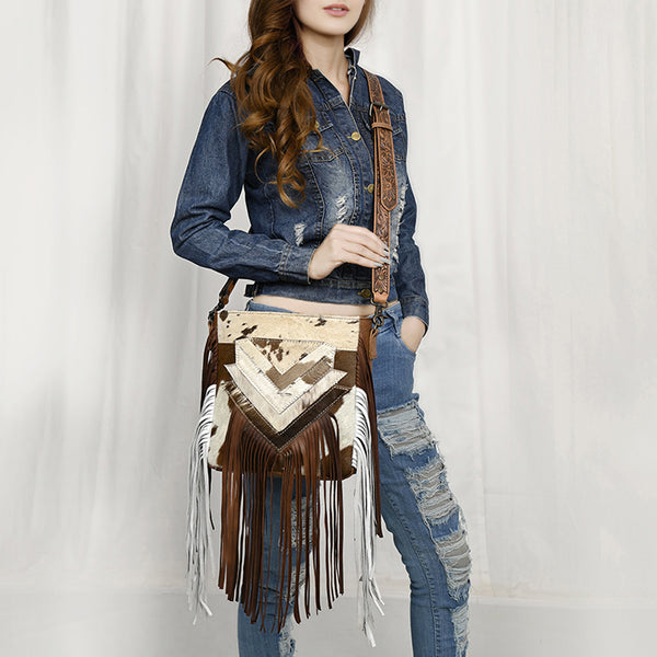 ADBG515 American Darling Hand Tooled Floral Strap Hair-On Cowhide Western Large Cross body Bag