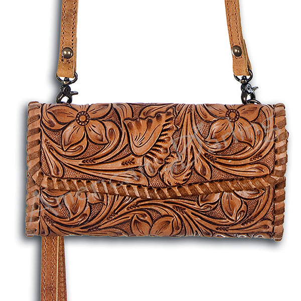 ADBG514 American Darling Hand Tooled Floral Leather Small Cross body Bag with Braided Trim