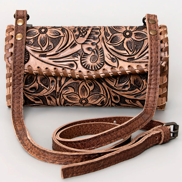 ADBG514 American Darling Hand Tooled Floral Leather Small Cross body Bag with Braided Trim