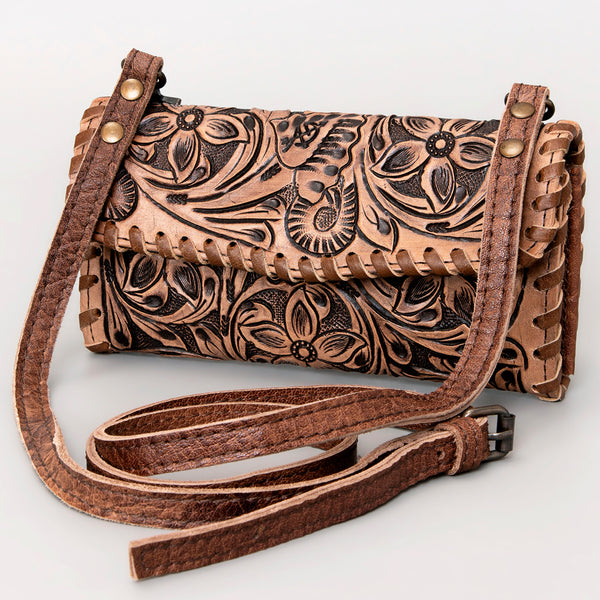 ADBG514 American Darling Hand Tooled Floral Leather Small Cross body Bag with Braided Trim
