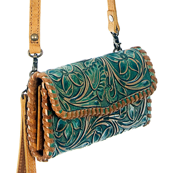 ADBG514 American Darling Hand Tooled Floral Leather Small Cross body Bag with Braided Trim