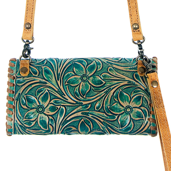 ADBG514 American Darling Hand Tooled Floral Leather Small Cross body Bag with Braided Trim