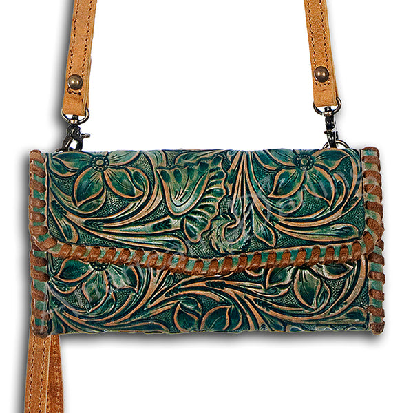 ADBG514 American Darling Hand Tooled Floral Leather Small Cross body Bag with Braided Trim