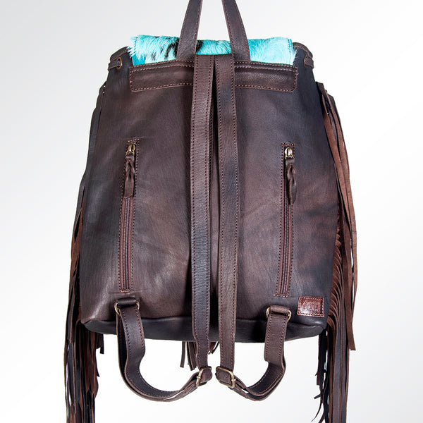 LC-ADBGZ219 Turquoise Acid Wash Cowhide & Black Leather Fringe Backpack - Western Boho Bag
