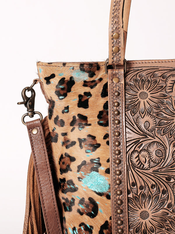 ADBG502 American Darling Tote Bag - Hair-On Cowhide & Hand Tooled Floral Leather with Rivets