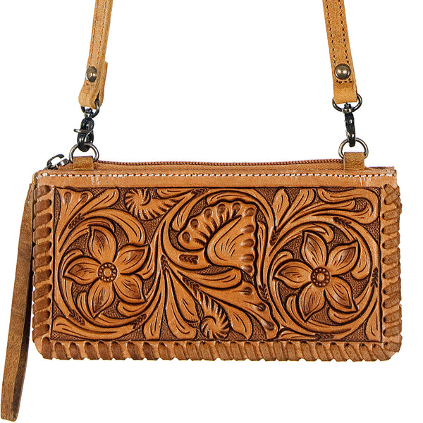 ADBG535 American Darling Hand Tooled Floral Leather Crossbody Bag with Braided Trim