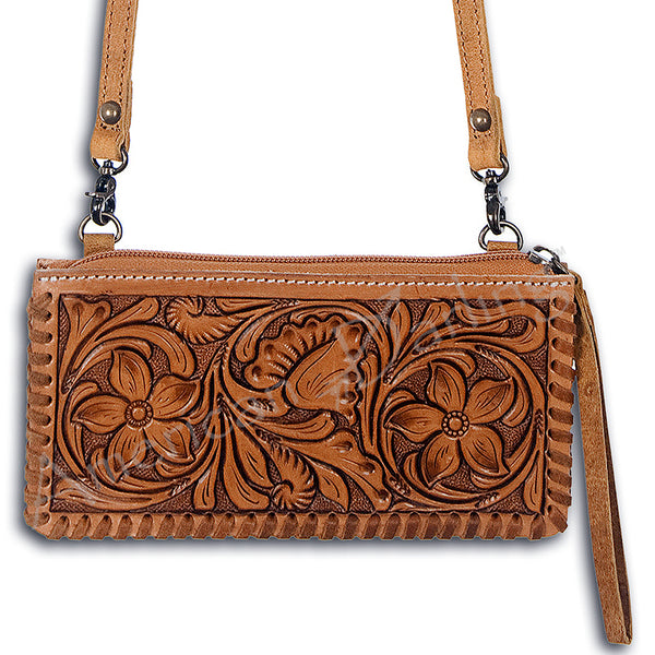 ADBG535 American Darling Hand Tooled Floral Leather Crossbody Bag with Braided Trim