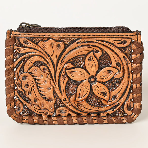 ADBG536 American Darling Hand Tooled Floral Leather Coin Purse Bag with Braided Trim