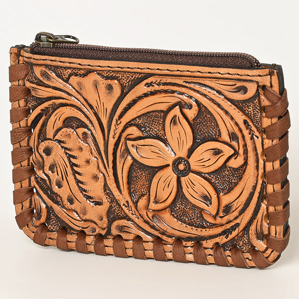 ADBG536 American Darling Hand Tooled Floral Leather Coin Purse Bag with Braided Trim