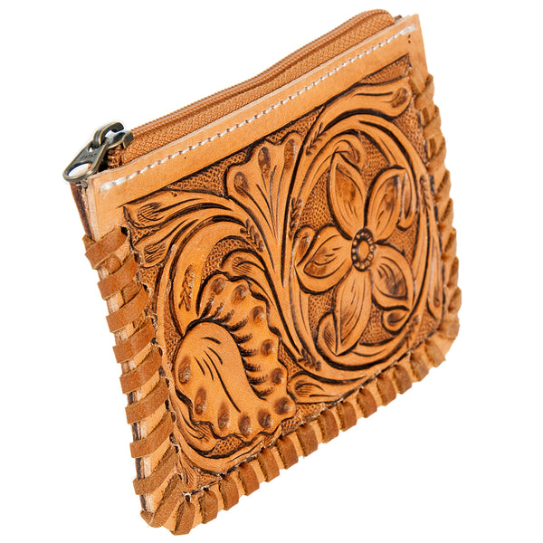 ADBG536 American Darling Hand Tooled Floral Leather Coin Purse Bag with Braided Trim