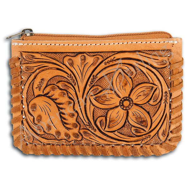 ADBG536 American Darling Hand Tooled Floral Leather Coin Purse Bag with Braided Trim