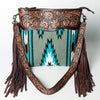 ADBGZ222 Tooled Leather & Grey Wool Crossbody Bag with Fringe - Southwestern Western Shoulder Purse