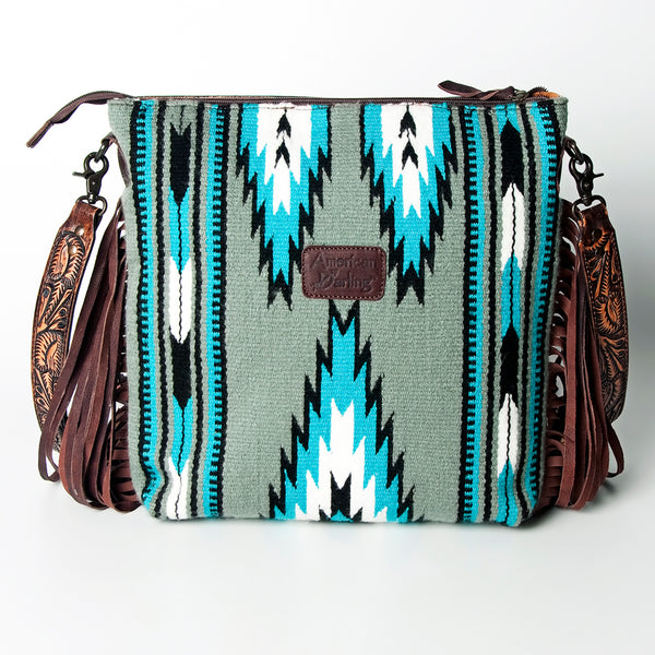 ADBGZ222 Tooled Leather & Grey Wool Crossbody Bag with Fringe - Southwestern Western Shoulder Purse