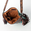 ADBGZ222 Tooled Leather & Grey Wool Crossbody Bag with Fringe - Southwestern Western Shoulder Purse