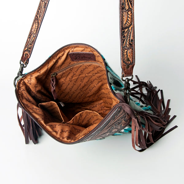ADBGZ222 Tooled Leather & Grey Wool Crossbody Bag with Fringe - Southwestern Western Shoulder Purse