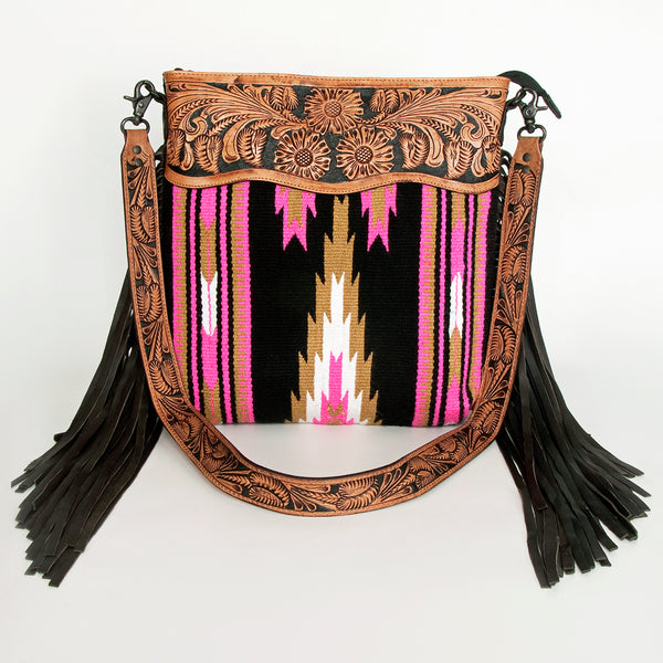 ADBGZ228 Pink Aztec Wool & Tooled Leather Crossbody Bag - Western Fringe Purse