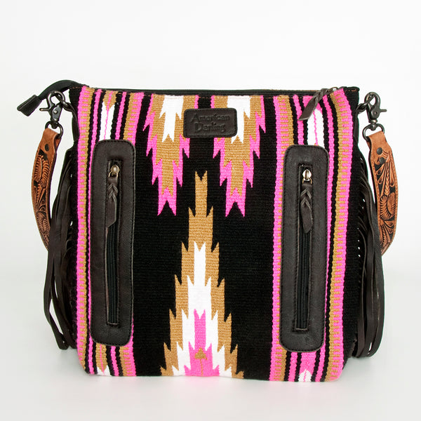 ADBGZ228 Pink Aztec Wool & Tooled Leather Crossbody Bag - Western Fringe Purse