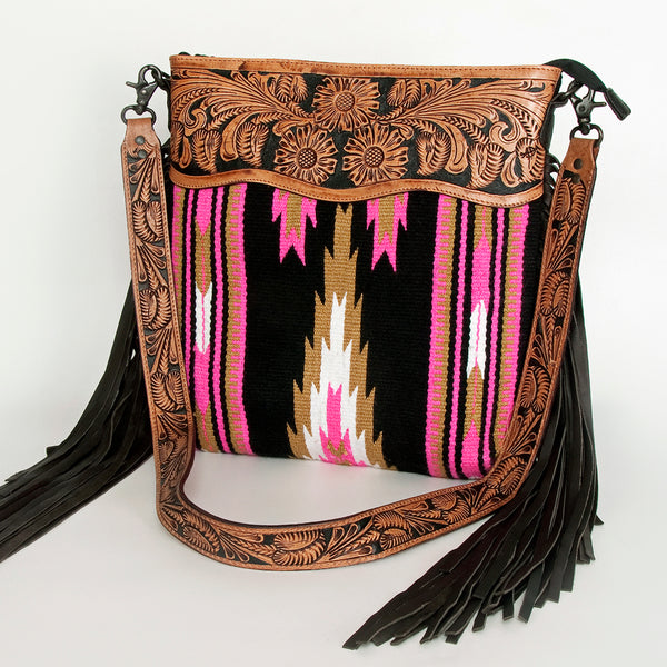ADBGZ228 Pink Aztec Wool & Tooled Leather Crossbody Bag - Western Fringe Purse