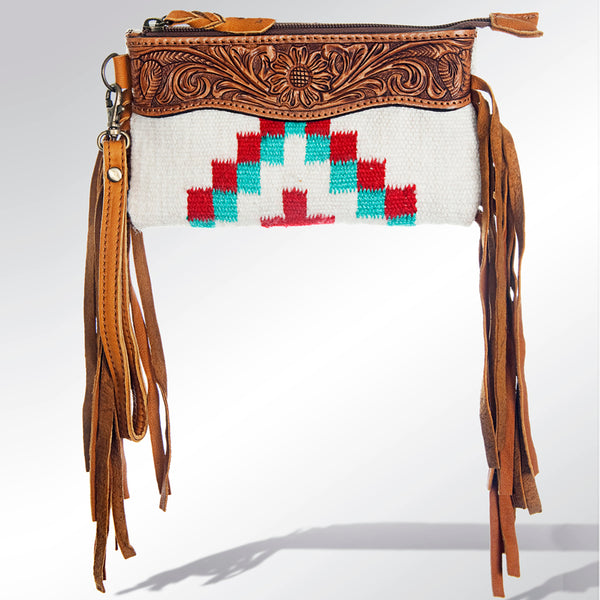 LC-ADBGZ233 Tooled Leather & Tribal Wool Wallet with Fringe - Western Clutch Bag