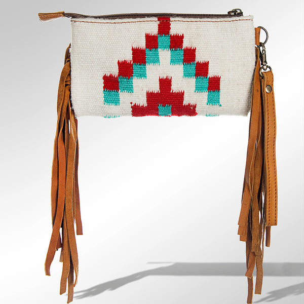 LC-ADBGZ233 Tooled Leather & Tribal Wool Wallet with Fringe - Western Clutch Bag