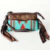LC-ADBGZ234 Turquoise Wool & Tooled Leather Wristlet with Fringe - Western Aztec Clutch Bag