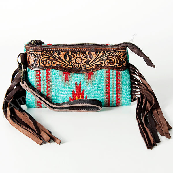 LC-ADBGZ234 Turquoise Wool & Tooled Leather Wristlet with Fringe - Western Aztec Clutch Bag