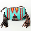 LC-ADBGZ234 Turquoise Wool & Tooled Leather Wristlet with Fringe - Western Aztec Clutch Bag