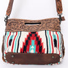 LC-ADBGZ246 Tooled Leather Handle Cutout Crossbody Bag with Red & Turquoise Southwest Wool