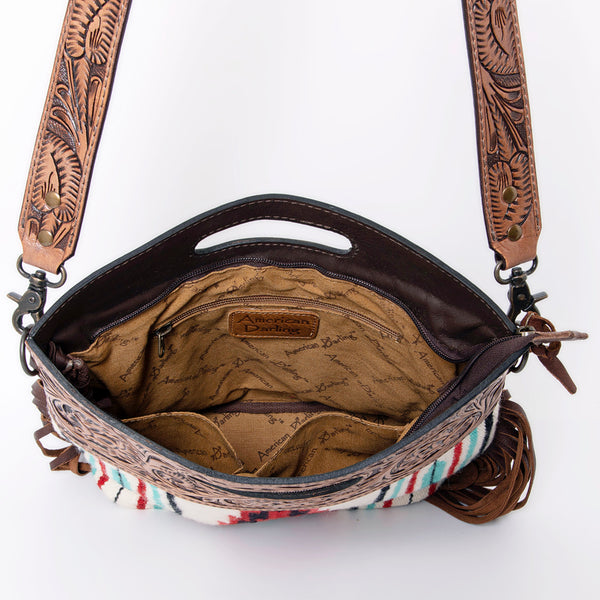 LC-ADBGZ246 Tooled Leather Handle Cutout Crossbody Bag with Red & Turquoise Southwest Wool