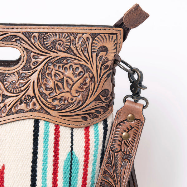 LC-ADBGZ246 Tooled Leather Handle Cutout Crossbody Bag with Red & Turquoise Southwest Wool