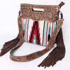 LC-ADBGZ246 Tooled Leather Handle Cutout Crossbody Bag with Red & Turquoise Southwest Wool