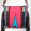 LC-ADBGZ250 Tooled Leather Fringe Crossbody Bag with Pink & Turquoise Serape Wool