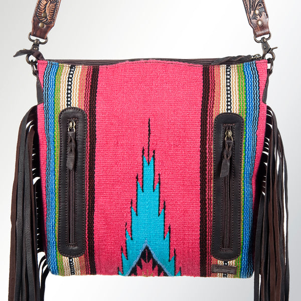 LC-ADBGZ250 Tooled Leather Fringe Crossbody Bag with Pink & Turquoise Serape Wool