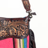 LC-ADBGZ250 Tooled Leather Fringe Crossbody Bag with Pink & Turquoise Serape Wool
