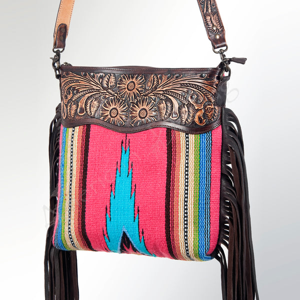 LC-ADBGZ250 Tooled Leather Fringe Crossbody Bag with Pink & Turquoise Serape Wool