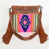 ADBGZ254 Tooled Leather Crossbody Bag with Pink Serape Wool & Floral Strap