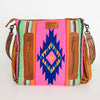 ADBGZ254 Tooled Leather Crossbody Bag with Pink Serape Wool & Floral Strap