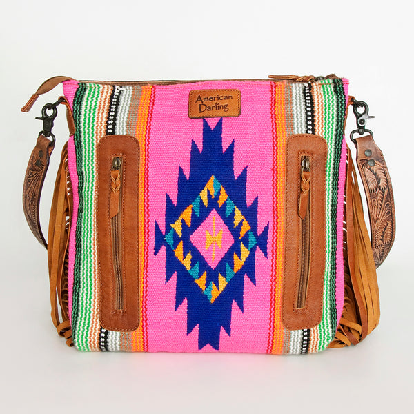 ADBGZ254 Tooled Leather Crossbody Bag with Pink Serape Wool & Floral Strap