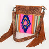 ADBGZ254 Tooled Leather Crossbody Bag with Pink Serape Wool & Floral Strap