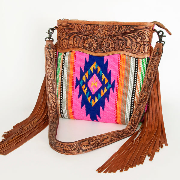 ADBGZ254 Tooled Leather Crossbody Bag with Pink Serape Wool & Floral Strap
