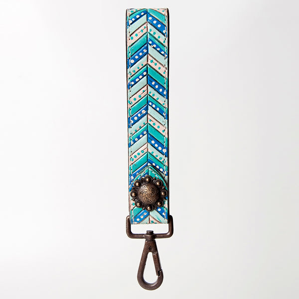 LC-ADBRF124 Painted Leather Wristlet Keychain - Chevron Turquoise & Blue with Western Concho