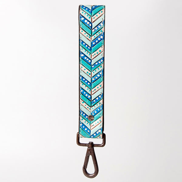 LC-ADBRF124 Painted Leather Wristlet Keychain - Chevron Turquoise & Blue with Western Concho