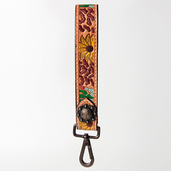ADBRF130 Hand Tooled Sunflower Leather Wristlet Keychain - Painted Cactus & Western Concho