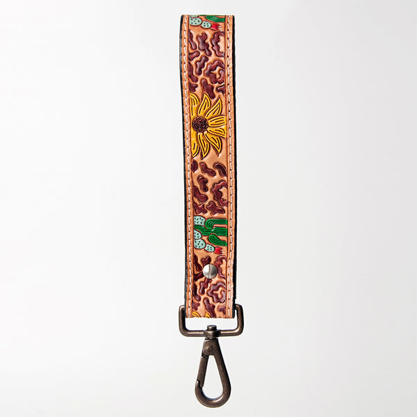 ADBRF130 Hand Tooled Sunflower Leather Wristlet Keychain - Painted Cactus & Western Concho