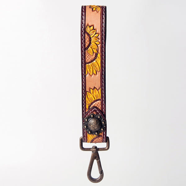 ADBRF132 Hand Tooled Leather Sunflower Wristlet Keychain - Western Style with Concho Accent